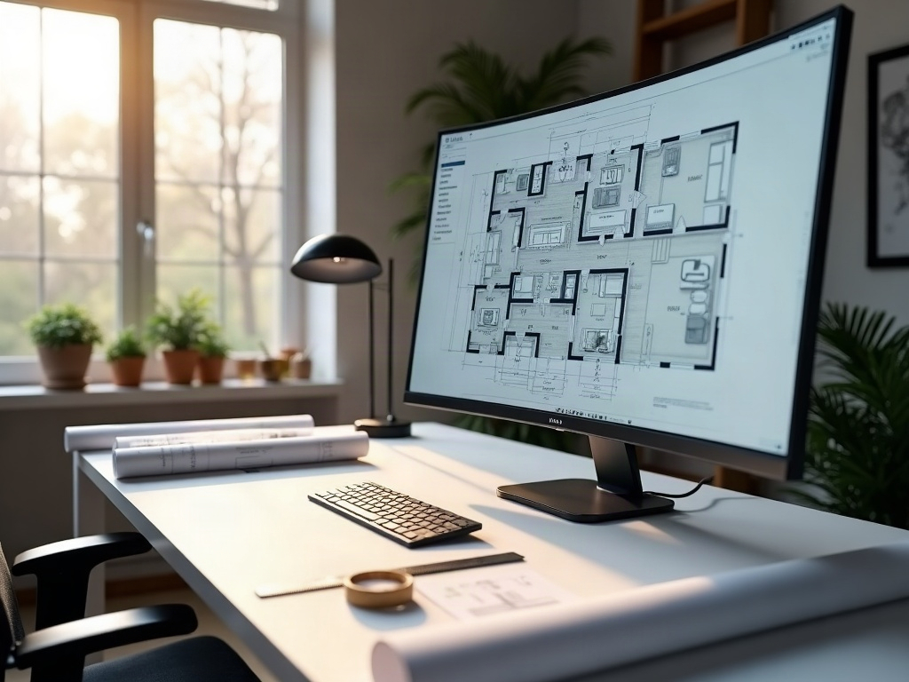 A drafting professional reviewing detailed unpermitted addition drawings to legalize on a CAD workstation with printed plan sheets on the desk