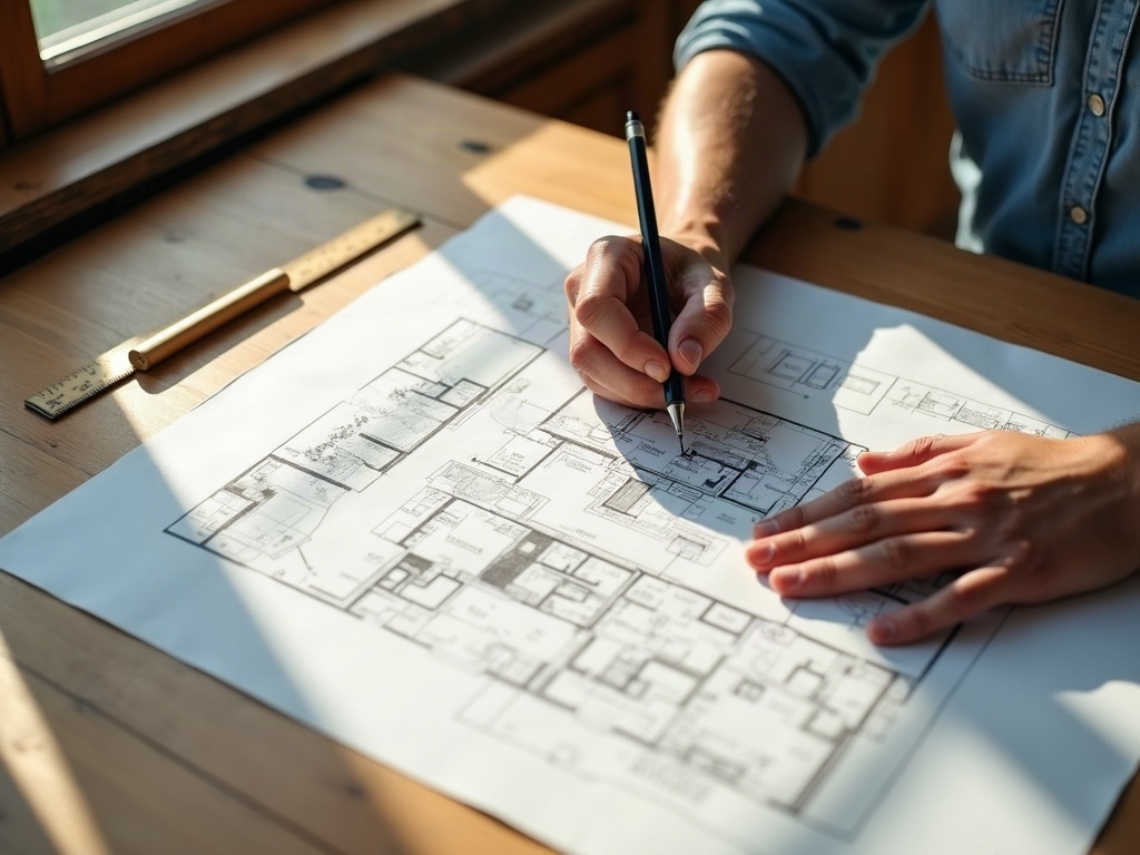 A drafting professional reviewing detailed unpermitted addition drawings to legalize on a CAD workstation with printed plan sheets on the desk