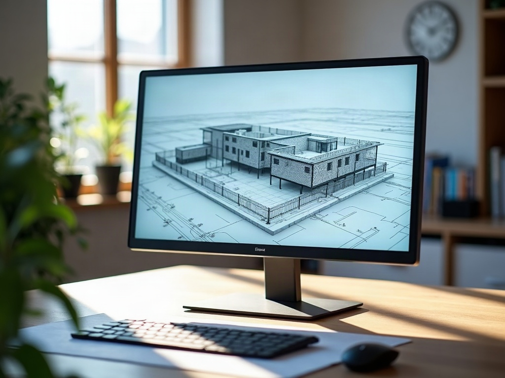 A drafting professional reviewing detailed unpermitted addition drawings to legalize on a CAD workstation with printed plan sheets on the desk