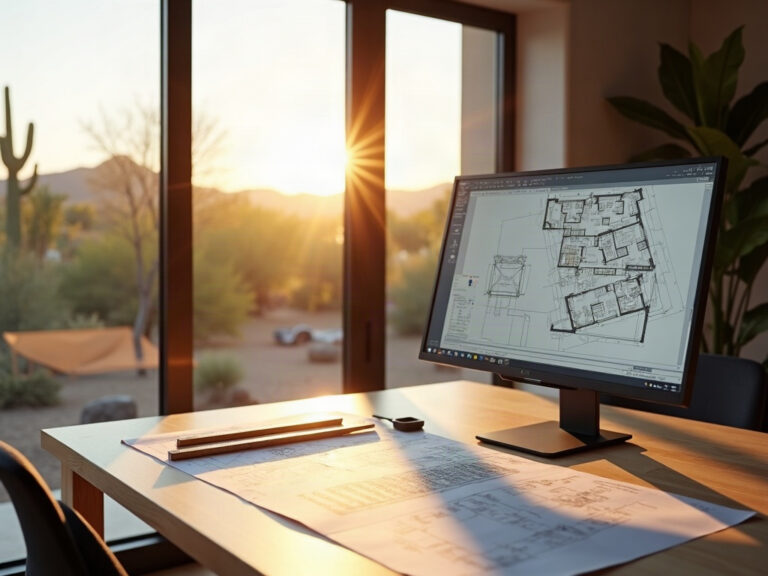 A detailed CAD drawing on a professional monitor showing per project drafting pricing for contractors workflow with printed permit-set sheets on a clean drafting desk