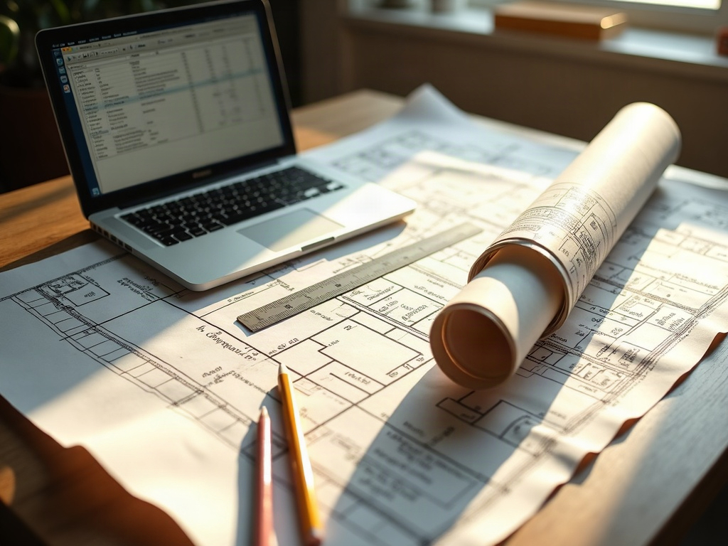 A detailed CAD drawing on a professional monitor showing per project drafting pricing for contractors workflow with printed permit-set sheets on a clean drafting desk