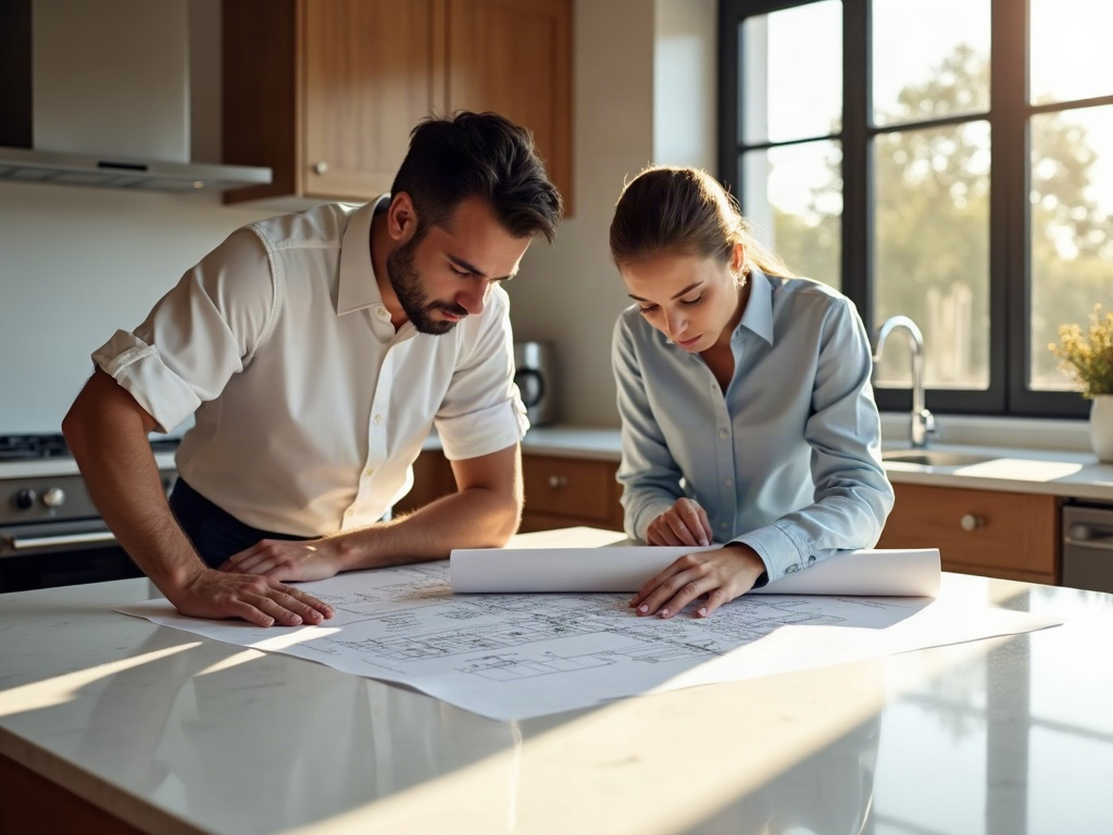 A detailed CAD drawing on a professional monitor showing per project drafting pricing for contractors workflow with printed permit-set sheets on a clean drafting desk